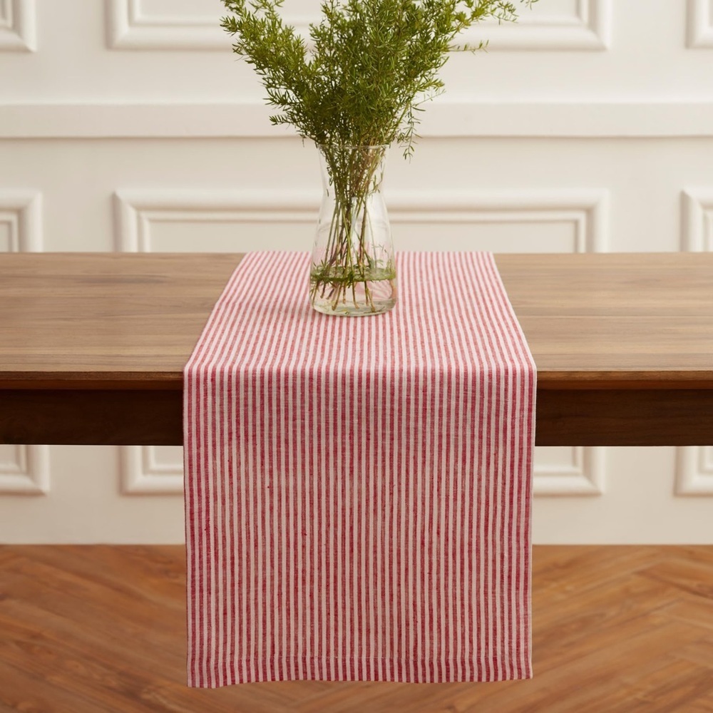 Solino Home Linen Table Runner 100% Pure Linen Red & White Farmhouse  14 x 48